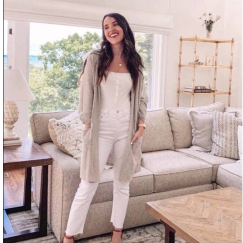 Anthropologie DONNI Ribbed Open Front Cardigan Pockets Light Grey One Size OSFA